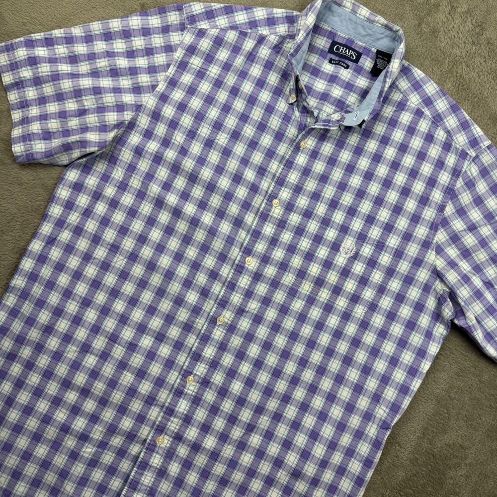 Chaps Button Down Shirt Mens XLT Purple Plaid Excellent Short Sleeve Easy Care